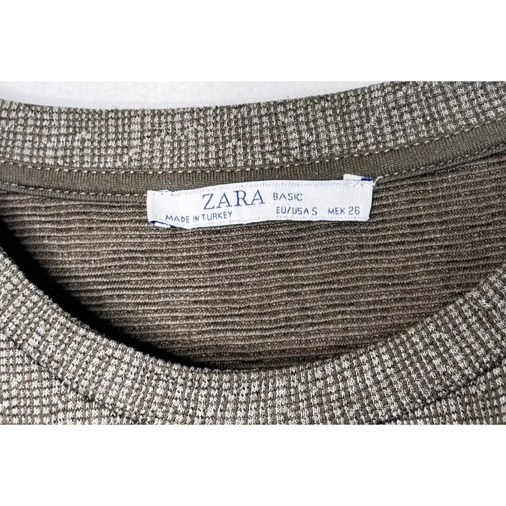 Zara Textured Weave T-Shirt‎ Dress Front Flap Pocket Brown White Size Small